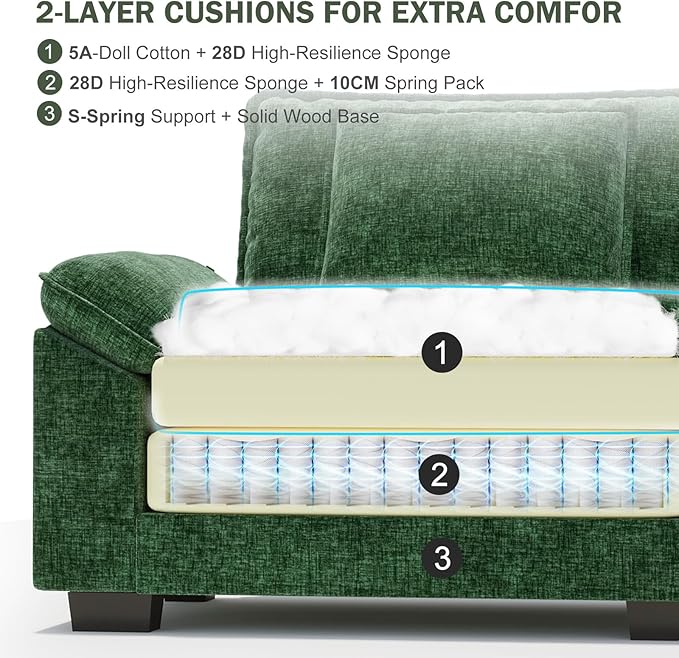 CDCASA Oversized Accent Chair, Chenille Comfy Cloud Sofa Chair with Large Seat and Upholstered Armrests, Modern Extra Wide Armchair Reading Chairs for Bedroom, Living Room,Set of 2,Green