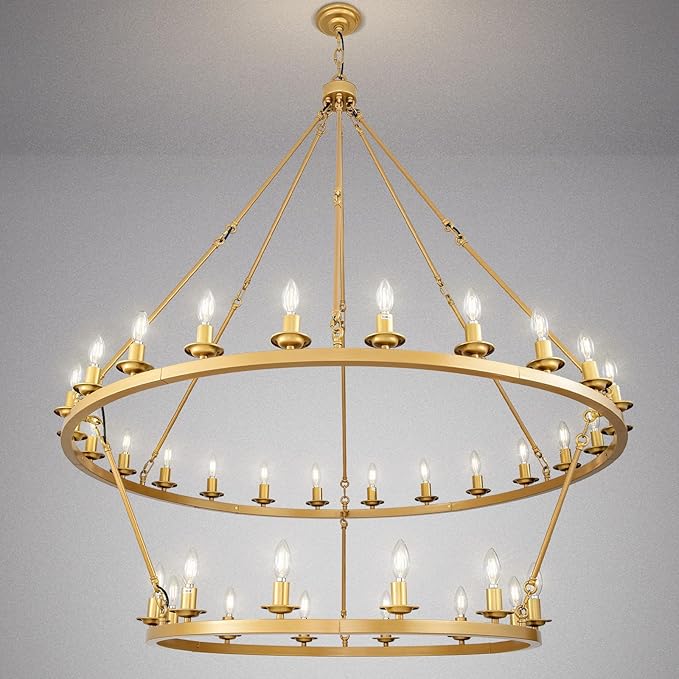 Wagon Wheel Chandelier, 2-Tier 36-Light Gold Large Modern Farmhouse Chandelier with Adjustable Height Island Light Fixture for High Ceiling Dining Room, Kitchen, Living Room, Entryways, Foyer