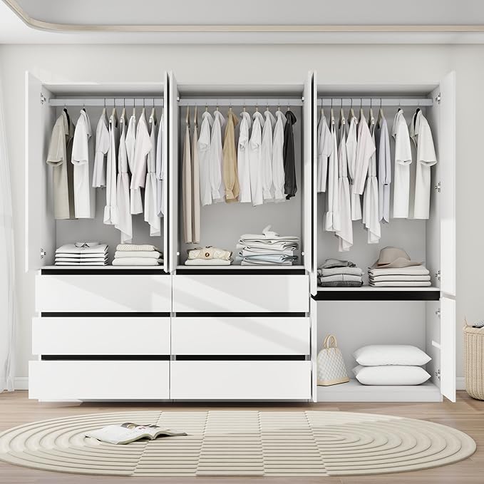 Armoire Wardrobe Closet with Drawers：75" Large White Wardrobe Closet Cabinet with 6 Doors for Hanging Clothes, Modern Wooden Bedroom Armoires with 6 Drawers and Storage (B+C+B, 94.5")