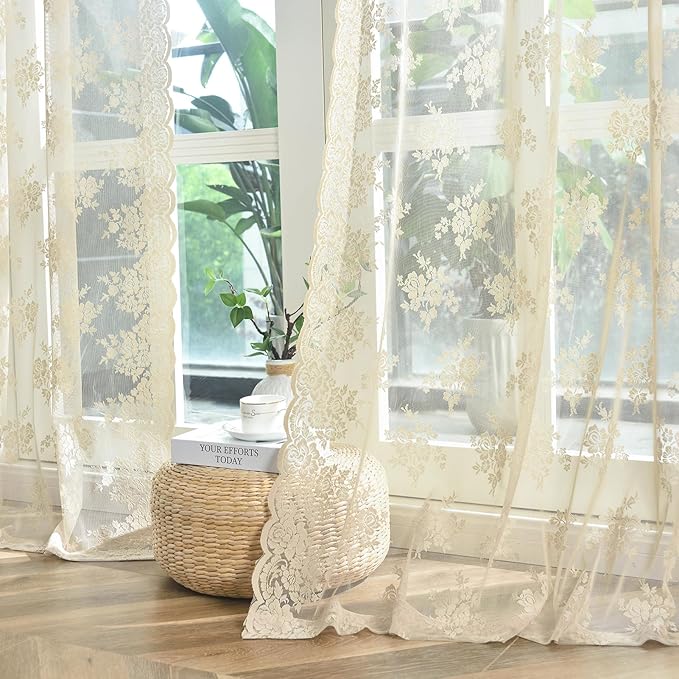 Kotile Beige Lace Curtains for Bedroom, W52 x L94 Inch, 2 Panels Country Rustic Floral Vintage Sheer Lace Curtains 94 Inches Long Rod Pocket Privacy Light Filtering Cottagecore Sheer Window Curtain