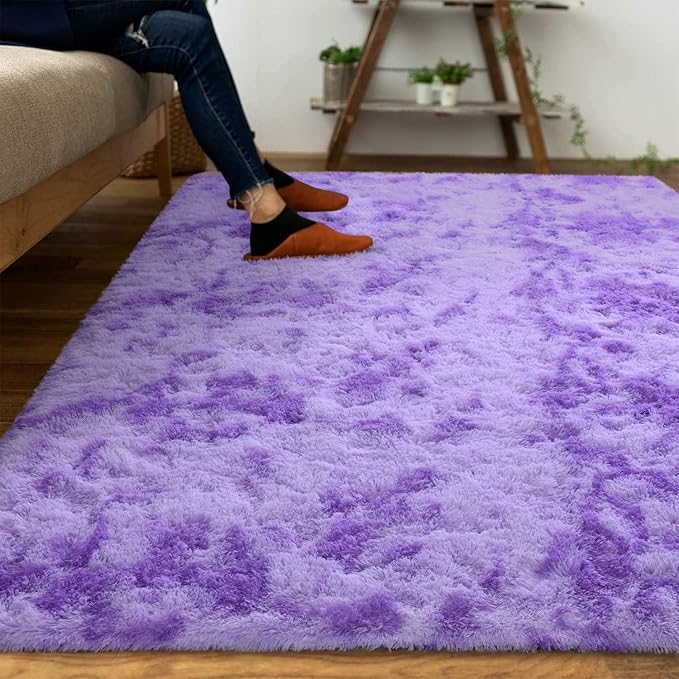 DweIke Fluffy Purple Shag Rugs for Bedroom Living Room, 6x9 Large Soft Plush Tie-Dyed Light Purple Girls Boys Kids Rug, Upgraded Non-Slip and Machine Washable Carpet for Dorm Nursery Classroom Decor