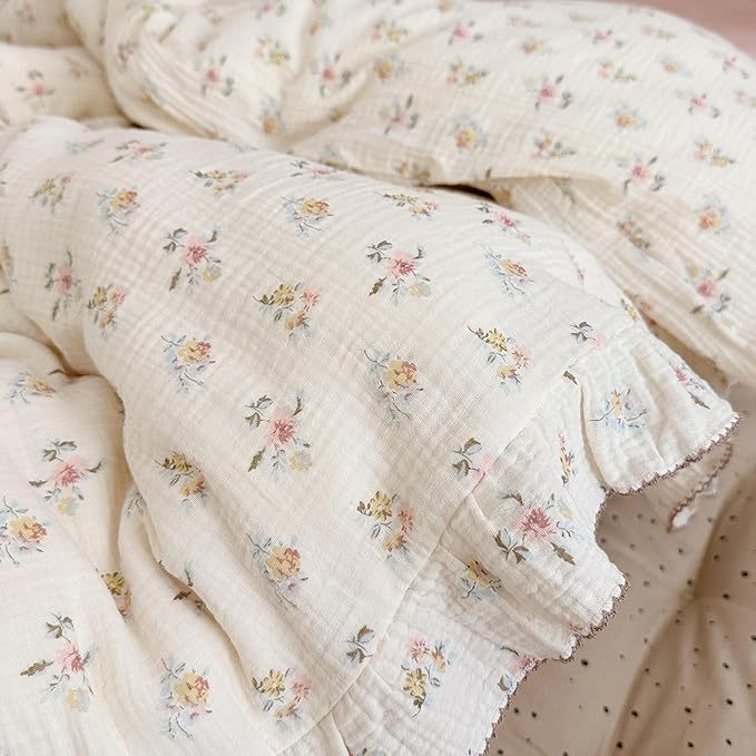 AOJIM Kids Muslin Duvet Cover with Azalea Pattern, Pure Cotton Floral Print Toddler Bedding Comforter Cover 1 Piece 47X59'', Ruffled Edges Crib Duvet Cover 2-Layer Muslin for Boys Girls, No Comforter