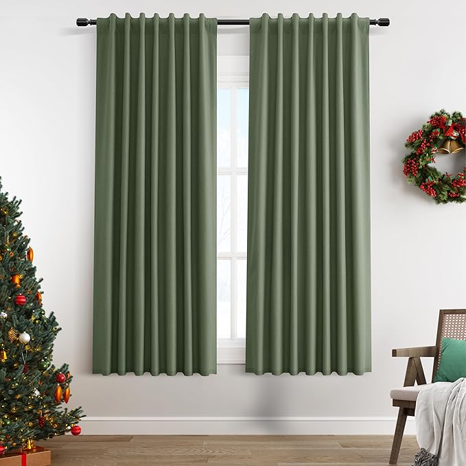Olive Green Linen 100% Blackout Curtains 63 Inch Length Back Tab Elegant Home Decor Room Darkening Insulated Door Privacy Curtain for Room Divider Basement Kitchen Olive 2 Panels Set 52x63