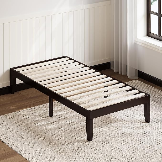 KOMFOTT 14 Inches Wood Platform Bed Frame Twin Size, Wooden Mattress Foundation with Rubber Wood Frame, Strong Wooden Slat Support, No Box Spring Needed, Bed Frame (Dark Brown)