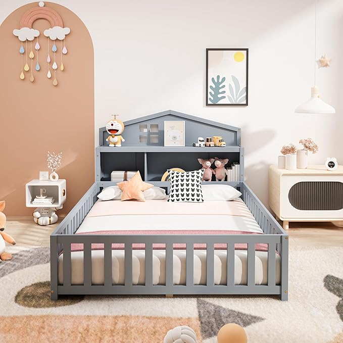 Bellemave Full Size Floor Bed for Kids, Girls, Boys, Solid Wood Montessori Bed with Storage headboard, Door, Storage, Grey