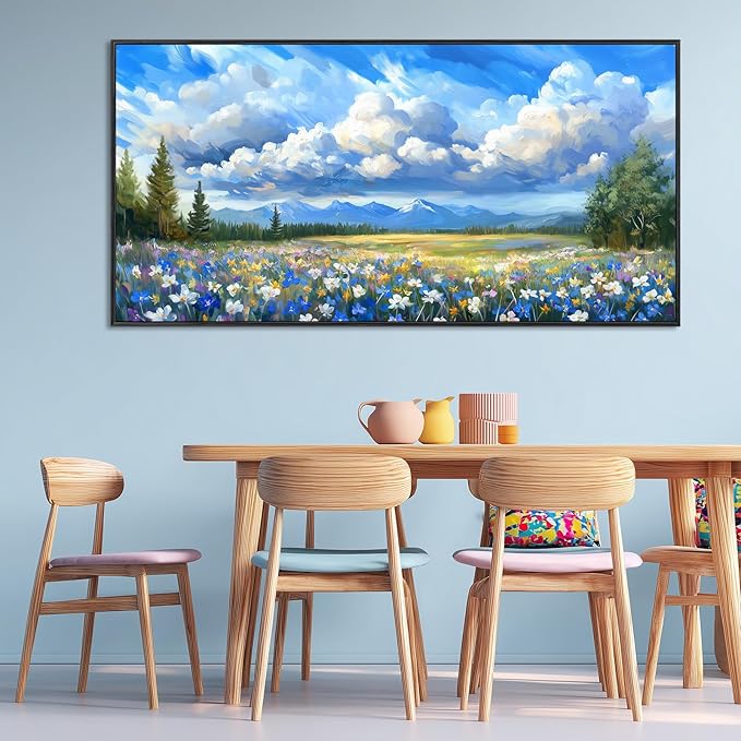 Framed Natural Landscape Wall Art for Living Room, Large Mountain Wildflower Canvas Artwork for Walls Decor, Farmhouse Nature Colorful Flower Paintings Prints for Bedroom Office Decoration 23"x46"