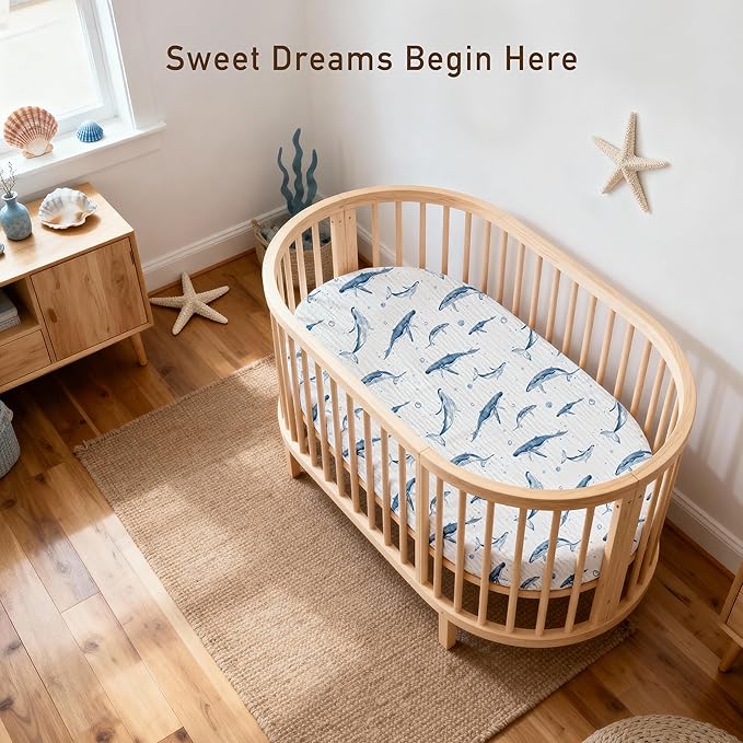 Muslin Bassinet Fitted Sheets, 2 Pack for Baby Boy and Girl, Soft Breathable Baby Pad/Mattress Sheet, Fit for Hourglass Oval and Rectangle Bassinet Mattress (Blue Whale)