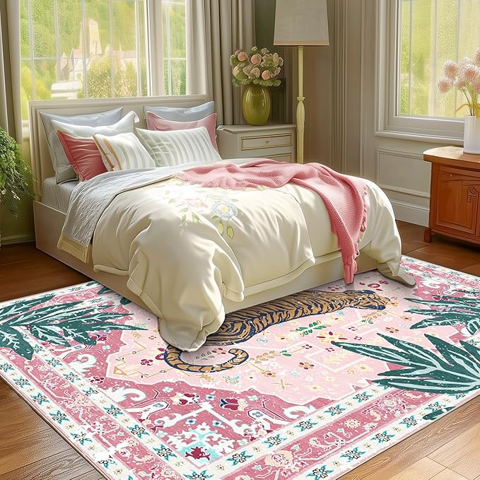 Washable Non-Slip 5x8 Pink Tiger Rug for Girls Room Bedroom Dining Room Boho Vintage Tropical Animal Print Jungle Rug Soft Cozy Cute Whimsical Woodland Carpet for Playroom Living Room