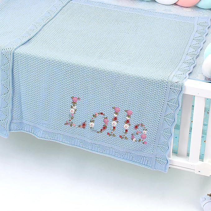 Personalized Floral Embroidered Name Blanket – Soft Cotton Knit Newborn Blanket, Custom Keepsake Gift, Cozy Cover for Girls, Unique Shower Present