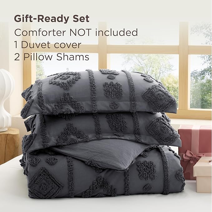 Bedsure Boho Duvet Cover Queen Size - Dark Grey Tufted Boho Bedding, Farmhouse Shabby Chic Embroidery Bedding for All Seasons, 3 Pieces, 1 Soft Jacquard Queen Comforter Cover and 2 Pillow Shams