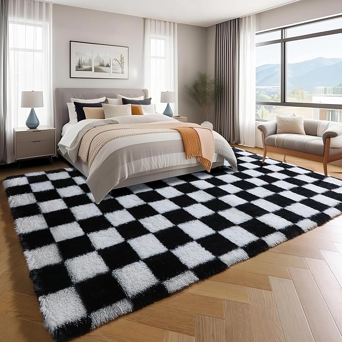 KICMOR Rugs for Living Room 7x10 Area Rug, Black and White Large Fluffy Shag Shaggy Fuzzy Checkered Bedroom Carpet, Indoor Soft Plush Big Rug for Kids Boys Girls Dorm Nursery Home Decor Aesthetic
