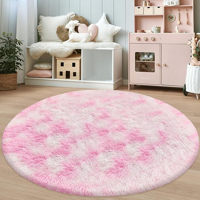 5 ft Pink Fluffy Round Rugs for Girls Bedroom,Plush Circle Area Rugs for Living Room Cute Shaggy Circular Carpet Furry for Dorms Nursery Rooms Kids Unicorn Room Decor Aesthetic Baby Play Mat