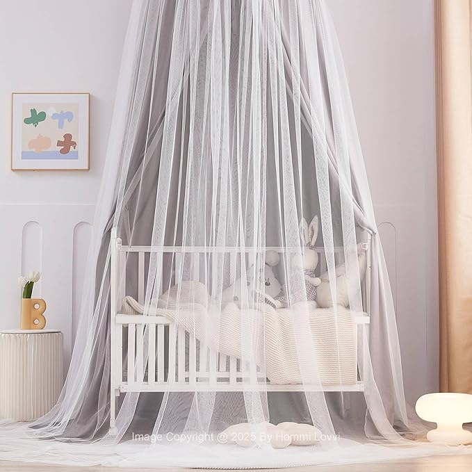 Double Layers Bed Canopy with Star Lights, 3 Pieces Layers Canopy for Girls Bed, Princess Round Dome Dreamy Play Tent, Hanging Kids Reading Nook Mosquito Net, Machine Washable - Gray