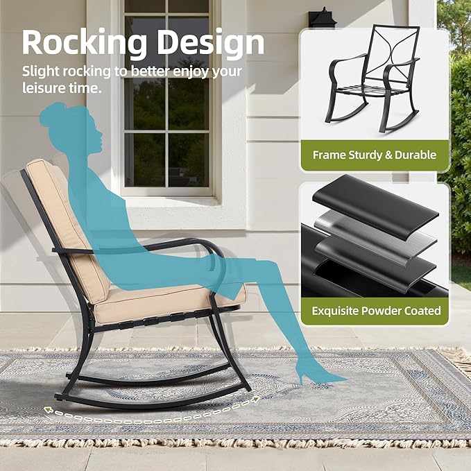 SUNCROWN Outdoor 3-Piece Rocking Chairs Patio Bistro Set Black Steel Furniture with Thickened Cushion and Glass-Top Coffee Table, Brown