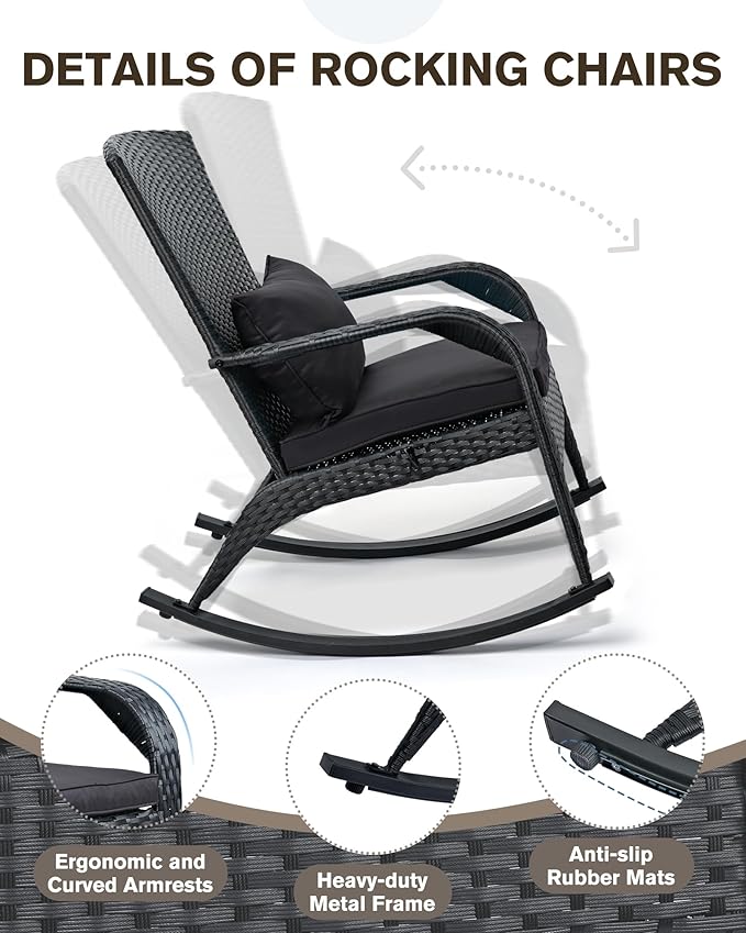 Outdoor Rocking Chair Set of 2- Outdoor Rattan Rocker Chair with Heavy-Duty Steel Frame- All Weather Rocker Chair for Garden, Porch, Poolside, Backyard (Black, 320lbs)