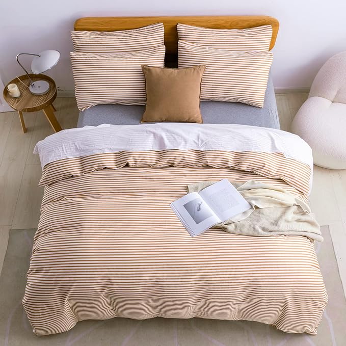 JELLYMONI Cal King Duvet Cover Set, Cotton Duvet Cover 3 Pieces with Zipper Closure, 1 Duvet Cover and 2 Pillowcases(White with Rust Striped)