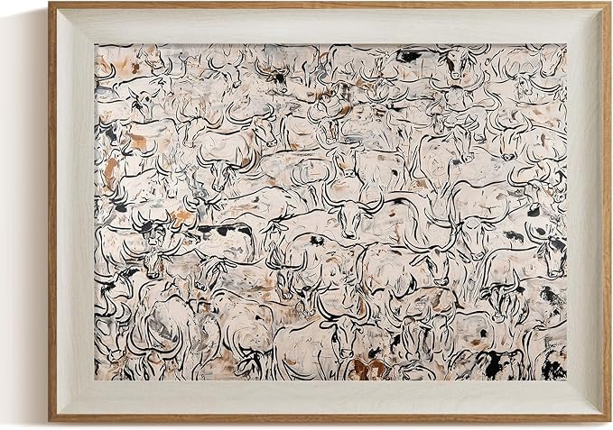 ARPEOTCY Framed Canvas Wall Art, 12x16 Abstract Cattle Herd Painting, Minimalist Line Art in Neutral Tones, Modern Western Farmhouse Wall Decor for Living Room or Office