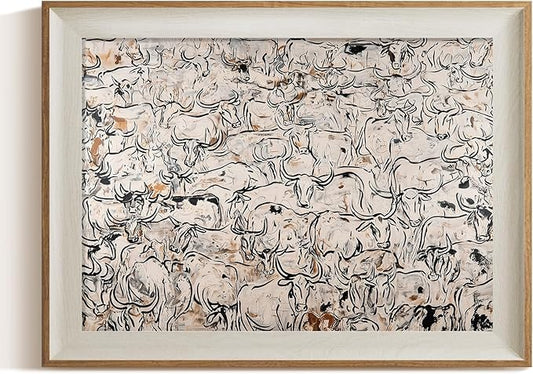 ARPEOTCY Framed Canvas Wall Art, 12x16 Abstract Cattle Herd Painting, Minimalist Line Art in Neutral Tones, Modern Western Farmhouse Wall Decor for Living Room or Office
