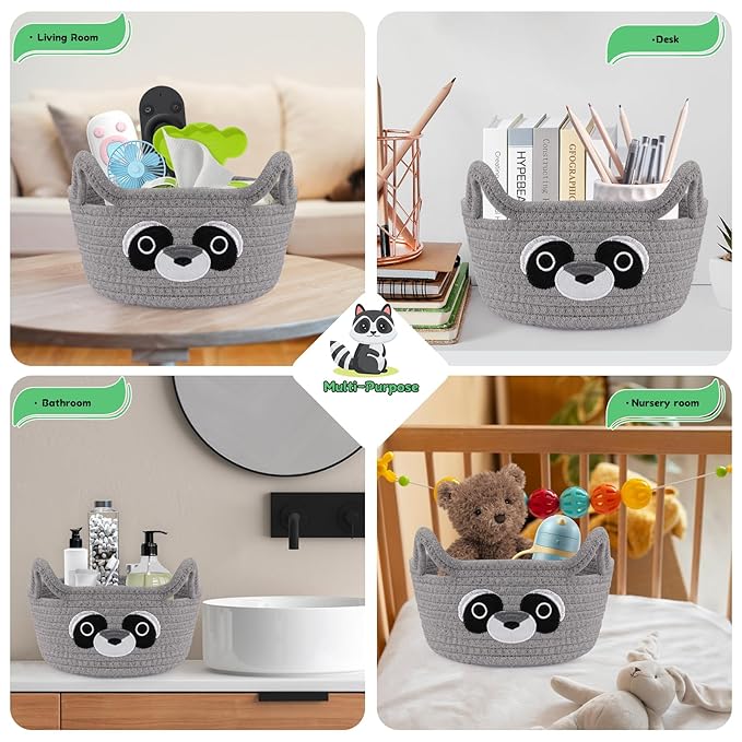 Small Storage Basket for Nursery, Raccoon Storage Basket, Round Woven Rope Cotton Storage, Baby Blanket 0rganizer with Ears Handles, Animal Blanket Towel Decor Storage Bins, 8.2"D x 4.7"H IN