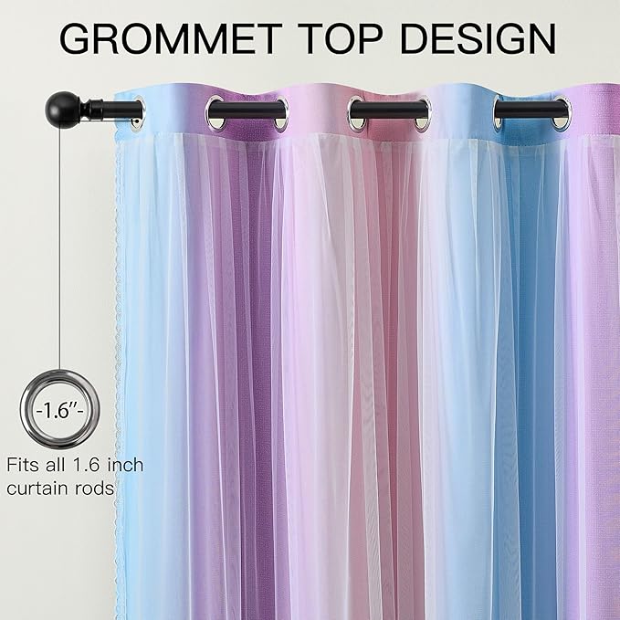 XiDi Double Layer Curtains with Sheer Overlay for Girls Bedroom Living Room 2 Panels 96 Inches Long Colorful Rainbow Blackout Curtains for Kids Unicorn Princess Grommet Drapes Pink Purple W52 x L96