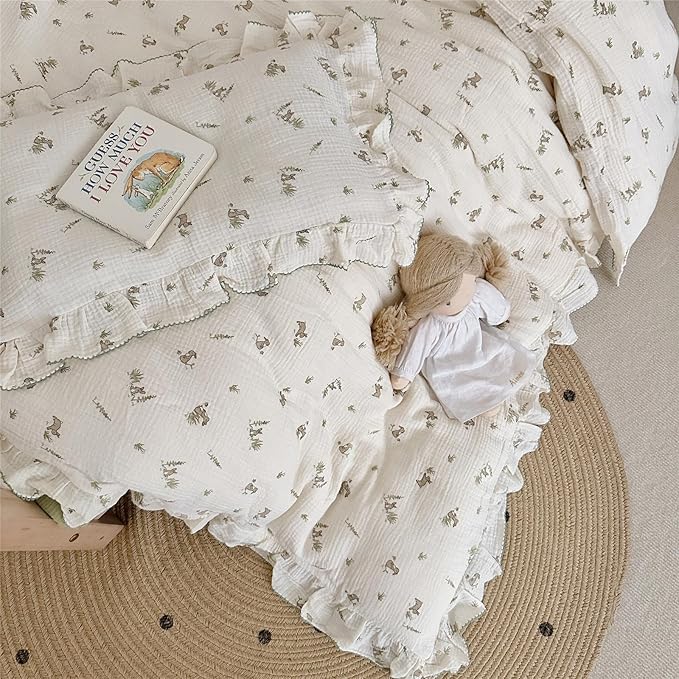 AOJIM Baby Kids Muslin Duvet Cover with Grey Rabbit, 1pc Pure Cotton Kids Bedding Comforter Cover 2-Layer Gauze 47X59'', Ruffled Design Baby Duvet Protector for Girls Boys, No Quilt or Pillowcases