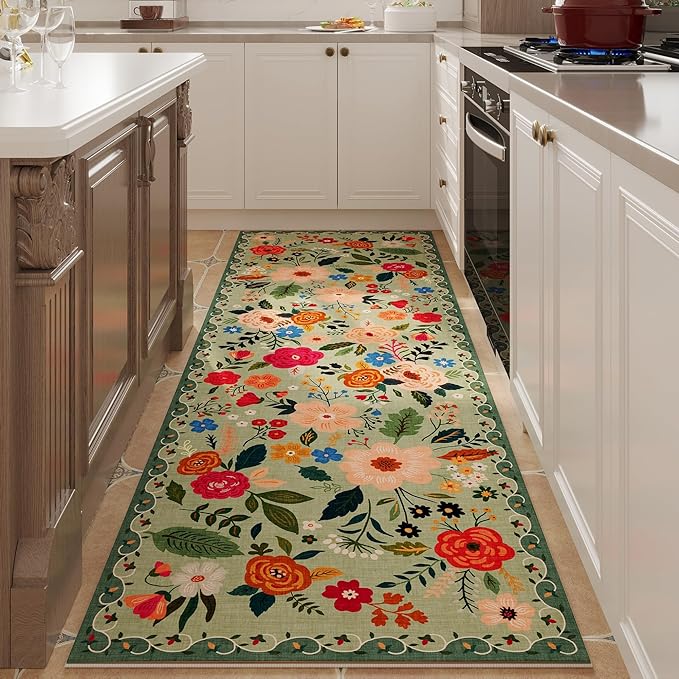 Rugcomf Runner Rug for Hallways Kitchen Rug Non Slip 2'x 6' Washable Rugs with Rubber Backing Soft Floral Carpet Runner for Hallways, Kitchen, Laundry, Bedroom, Bathroom(Green)