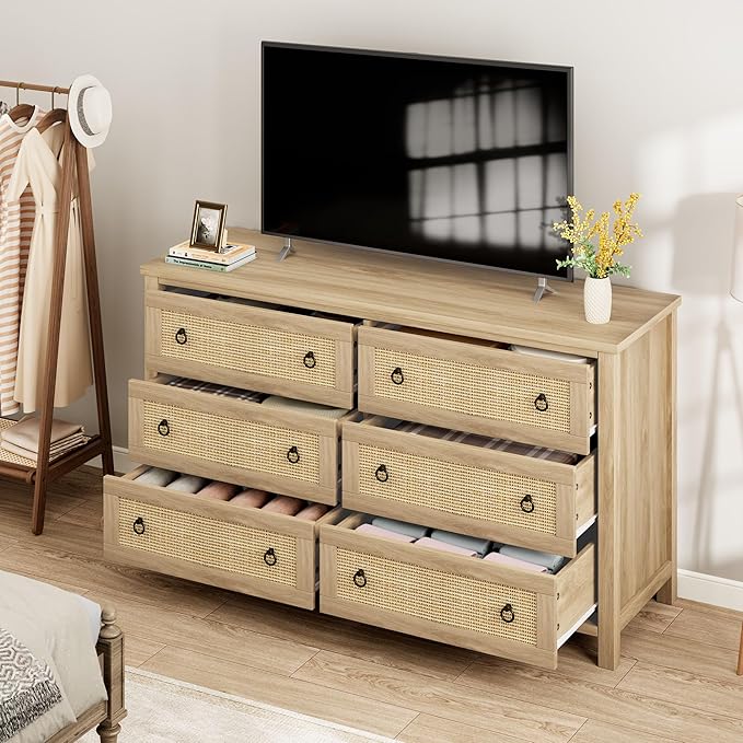 IDEALHOUSE Rattan Dresser for Bedroom with 6 Drawers, 47'' Wide Chest of Large Drawers with Large Clothes Storage Cabinet, Wood Bedroom Dresser, TV Stand for Nursery, Living Room, Hallway