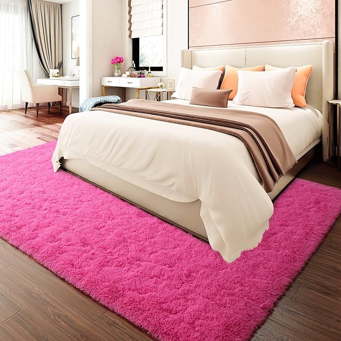 Merelax Soft Modern Indoor Large Shaggy Rug for Livingroom Bedroom Dorm Kids Room Home Decorative, Non-Slip Plush Fluffy Furry Fur Area Rugs Comfy Nursery Accent Floor Carpet 6 X 9 Feet, Hot Pink