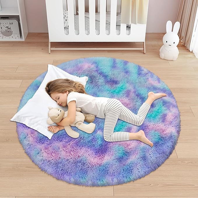 4x4 ft Purple Rainbow Fluffy Round Rug for Girls Bedroom,Colorful Soft Shaggy Circular Area Rug Kids Fuzzy Carpet Furry for Living Room Nursery Dorm Playroom Room Unicorn Decor Reading Nook Mat