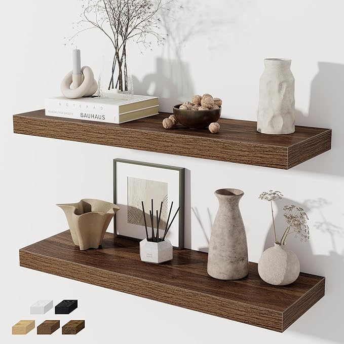 Fun Memories Floating Shelves for Wall Set of 2, 28 Inch Long Floating Shelves for Home Decor, Rustic Wood Wall Mounted Shelf, Hanging Deep Shelf for Living Room, Bedroom, Bathroom, Kitchen, Walnut