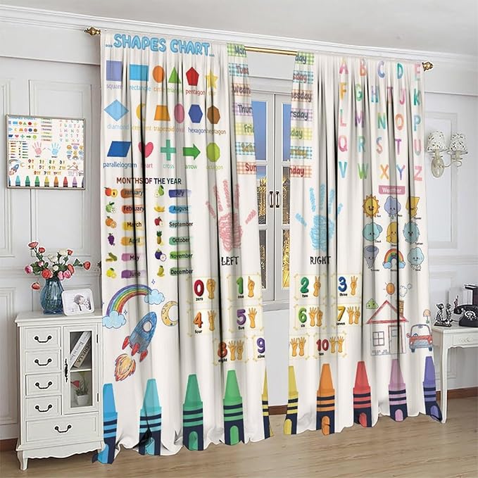 Kids Educational Alphabet Curtain,Boho Watercolor Alphabet Pastel Numbers Shapes Colors for Girls Child Nursery Home Kids Printed Rod Pocket Blackout Window Drapes for Bedroom Living Room 55"W X 63"L