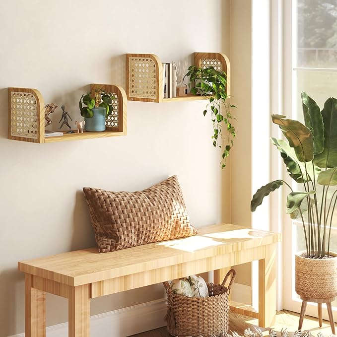Rattan Shelf Set of 2, Natural 8 Inch Deep Wooden Hanging Bookshelf, Cute Nursery Shelves Wall Mounted, Boho Decorative Floating Shelves for Kids Room, Living Room, Play Room, Bedroom