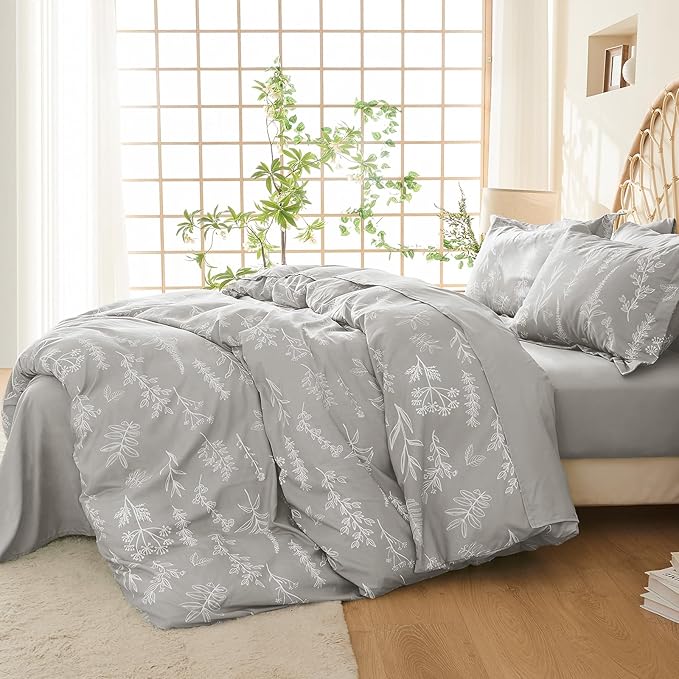 MUXHOMO Duvet Cover Full Size, Reversible Floral Silver Gray Duvet Cover Set with Zipper Closure, 3 Pieces Botanical Patterns Soft Microfiber Bedding Set with 4 Ties (80"x90", 2 Pillow Cases)