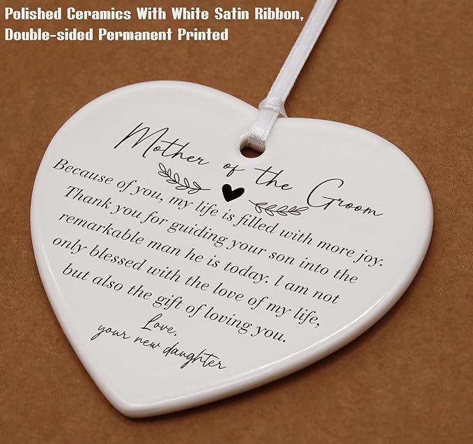 Heart Shaped Christmas Ornament-Mother of The Groom Gift from Bride-Bridal Shower Wedding Present for Mother in Law New Mom Because of You My Life is Filled with Joy Keepsake