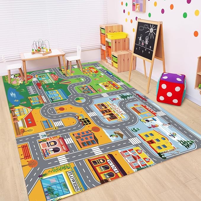 Car Rugs for Kids Toy Cars,Kids Play Rug with Non-Silp Backing, City Road Carpet for Playroom Bedroom Boys, Car Track Map Playmat - 4'11" x 3'3" (Rectangular)