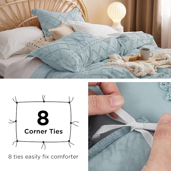 Bedsure Boho Duvet Cover Queen Size,Dusty Blue Breathable & Soft Boho Bedding, Machine Washable Comforter Cover for All Seasons, Includes 1 Duvet Cover 90"x90" with 2 Pillow Shams & Zipper Closure