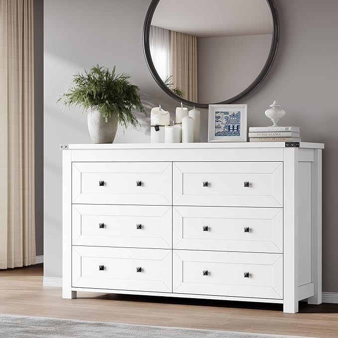 6-Drawer Dresser, Modern Wooden Storage Chest of Drawers, Dresser TV Stand, Wood Drawer Organizer with Metal Handles for Bedroom, Living Room, Hallway