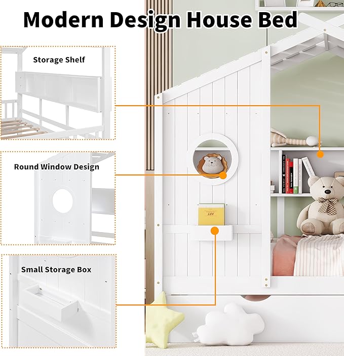 Linique Wooden Full Size House Bed with Trundle and Storage Shelf,Modern Design Full Platform Bed Frame with Pitched Roof,White