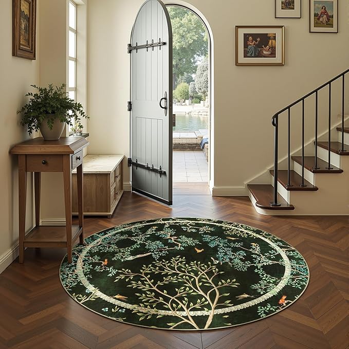 jinchan Yarden Christmas Round Rugs 5ft Moss Green Botanical Birds Print,Machine Washable 5' Circle Nature Plants Modern Soft Non-Slip Throw Area Rugs, Low Pile Carpet for Entryway Bedroom Kids Room