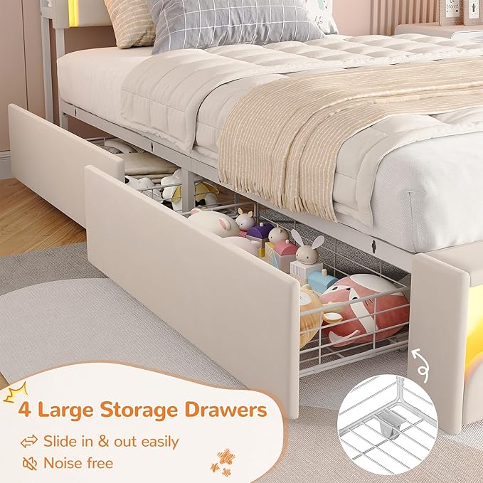 Maupvit Twin LED Bed Frame with Storage Headboard and 4 Drawers, Upholstered Platform Bed Frame with Bookcase, Velvet Princess Bed for Kids Girls, Charging Station, No Box Spring Needed, White
