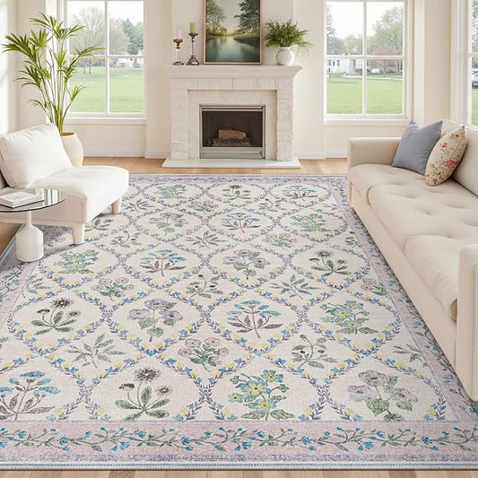 Purple 8X10 Rugs for Living Room, 8x10 Floral Washable Area Rug Non Slip, Soft Boho Indoor Decor Elegant Carpet for Bedroom Kids Room Nursery Dining Room, Purple Grey