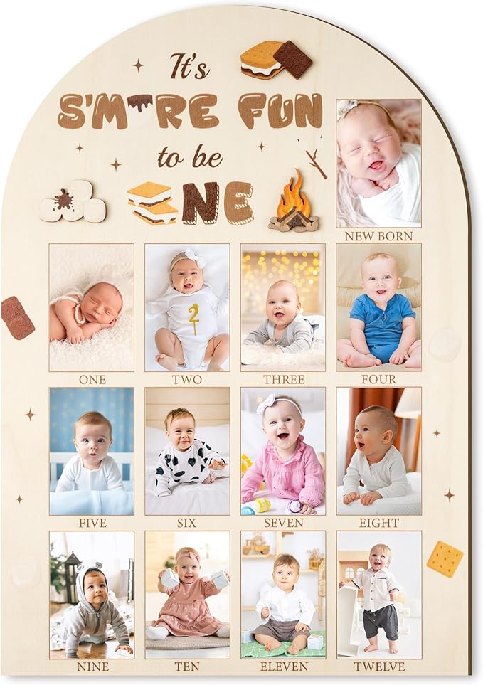 R HORSE My First Year Photo Display Wood Board - 3D S'mores Baby's First Year Picture Frame, 12 Months Camping Campfire Milestone Board Baby Keepsake Gift 1st Birthday Nursery Decor for Boy Girl