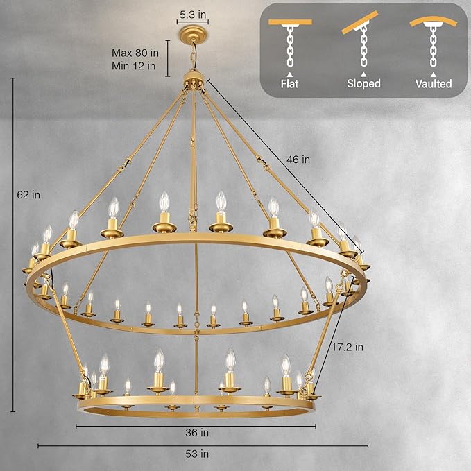 Wagon Wheel Chandelier, 2-Tier 36-Light Gold Large Modern Farmhouse Chandelier with Adjustable Height Island Light Fixture for High Ceiling Dining Room, Kitchen, Living Room, Entryways, Foyer