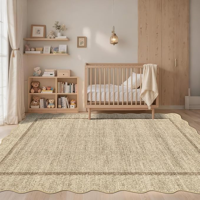 GarveeHome Scalloped Washable Area Rug 6x9 Rug for Living Room Modern Rug Non Slip Throw Rugs Large Rugs for Bedroom Low Pile Non Shedding Stain Resistant Carpet for Dining Room 6 ft x9 ft Jute
