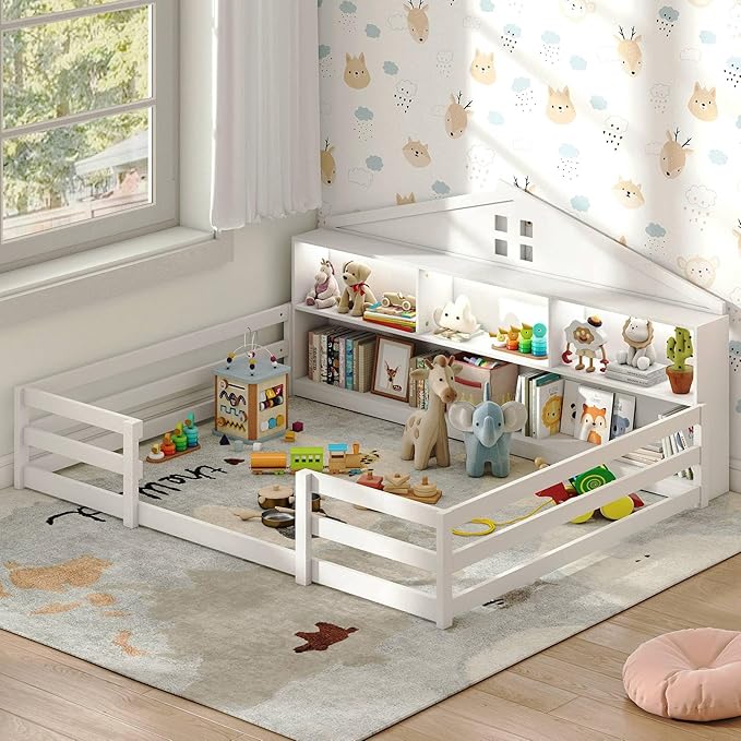 KOMFOTT Full Floor Bed with Bookcase & LED Light, Wood Bed Frame with Bedside Bookshelves & Guardrails, Versatile 2-in-1 Montessori Floor Bed for Kids