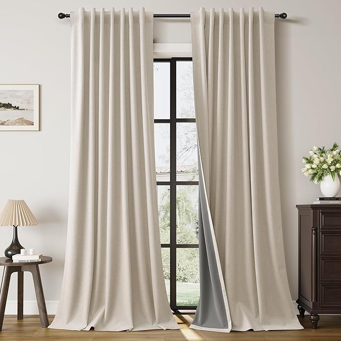 Guken Sand Linen Blackout Curtains for Living Room 120 Inches Long 2 Panels Set Textured Back Tab Room Darkening Thermal Insulated Soundproof Patio Curtains for Sliding Door Dune 52x120 10Ft