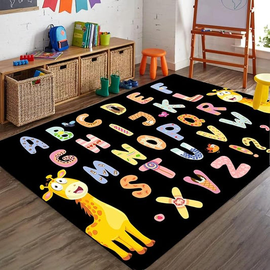 Giraffe Animal Children's Rug, 5x6ft, Learning ABC Letters Black Background Area Rugs, Washable Dirty Resistant Absorbent Mat for Indoor, No Crease Cozy Thin Carpet for Floor Family