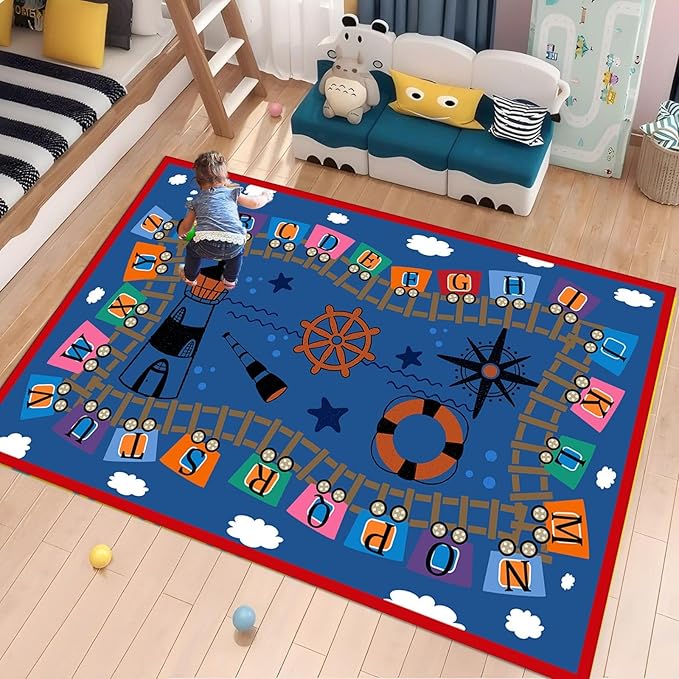 6x8ft Machine Washable Kids Area Rugs for Playroom Nursery ABC Children's Rug Lighthouse Telescope Compass Printing Preschool Education Carpet for Bedroom Blue Rug
