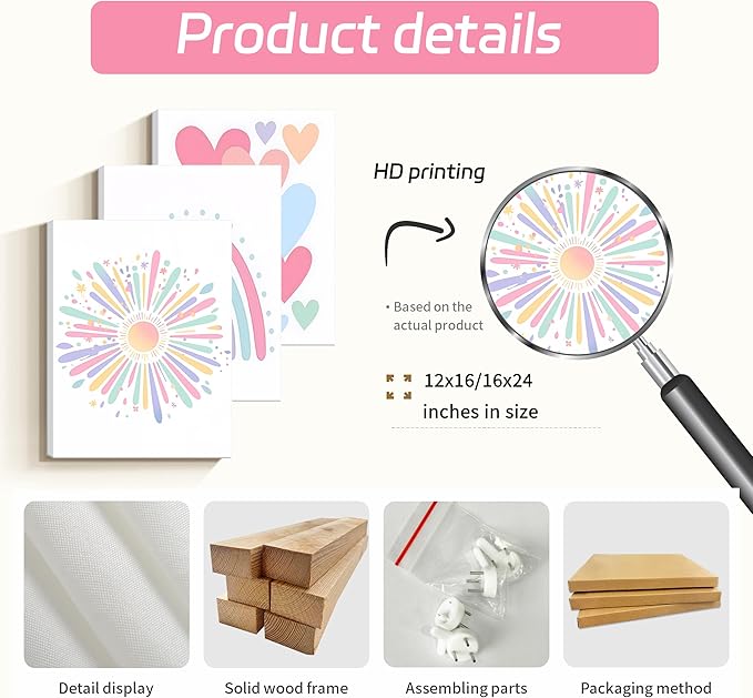 Dytial 3 Piece Toddler Girl Room Decor, Rainbow Wall Decor for Girls Bedroom, Colorful Boho Sunshine Paintings for Nursery Decor, Kids Room Wall Decor, Classroom Decoration 16x24 Inch