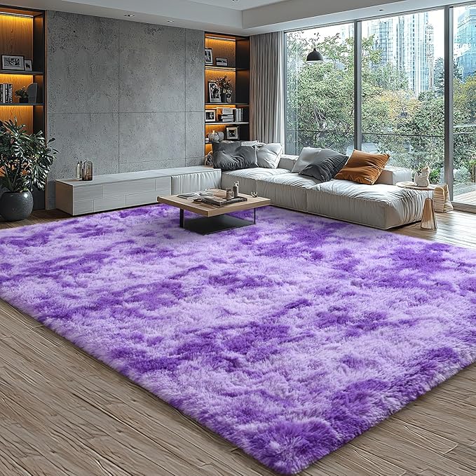 EVOIONOS 5x7 Washable Large Area Rug Living Room, Fluffy Shag Rug Bedroom, Ultra Soft Plush Non Slip Carpet Indoor Floor Bedside Nursery Kids Girls Room Dorm, Home Decor Aesthetic, Tie-Dyed Purple